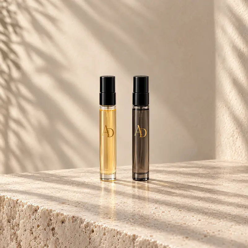 The Aether Reborn and Hades sample vials side by side on travertine