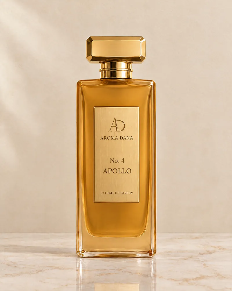The No. 4 Apollo 50 mL bottle: honey amber glass, gold cap and gold label, standing on a cream marble ledge against a cream wall.