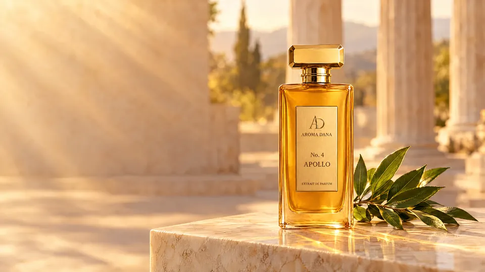 The No. 4 Apollo 50 mL bottle: honey amber glass, gold cap and gold label, on a sunlit marble ledge beside a sprig of laurel, with temple columns and rays of sun behind.