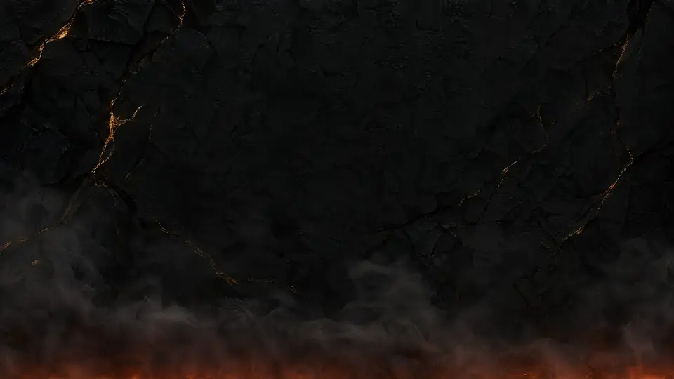 Black basalt veined with gold, with low smoke and a line of embers along the bottom.