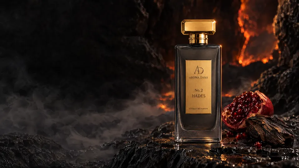 The No. 2 Hades 50 mL bottle: smoked charcoal glass, gold cap and gold label, on dark volcanic rock, with a split pomegranate beside it, low smoke and glowing lava behind.