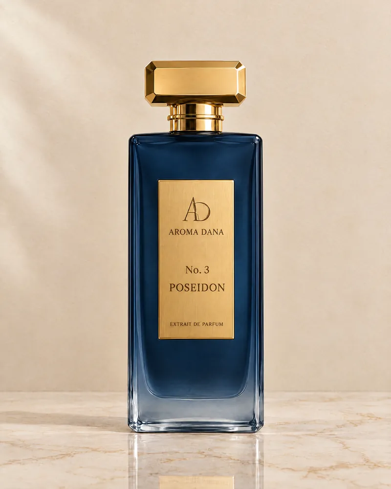 The No. 3 Poseidon 50 mL bottle: deep navy glass, gold cap and gold label, standing on a cream marble ledge against a cream wall.