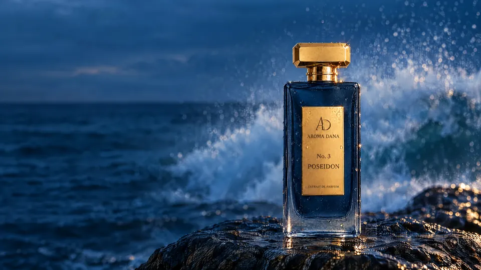 The No. 3 Poseidon 50 mL bottle: deep navy glass, gold cap and gold label, on wet dark rock as a wave breaks behind it, over a deep blue sea at dusk.