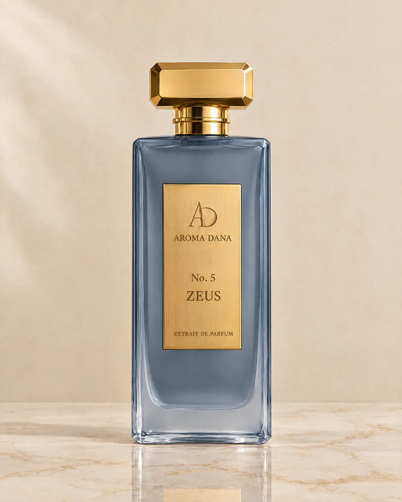 The No. 5 Zeus 50 mL bottle: slate blue glass, gold cap and gold label, standing on a cream marble ledge against a cream wall.