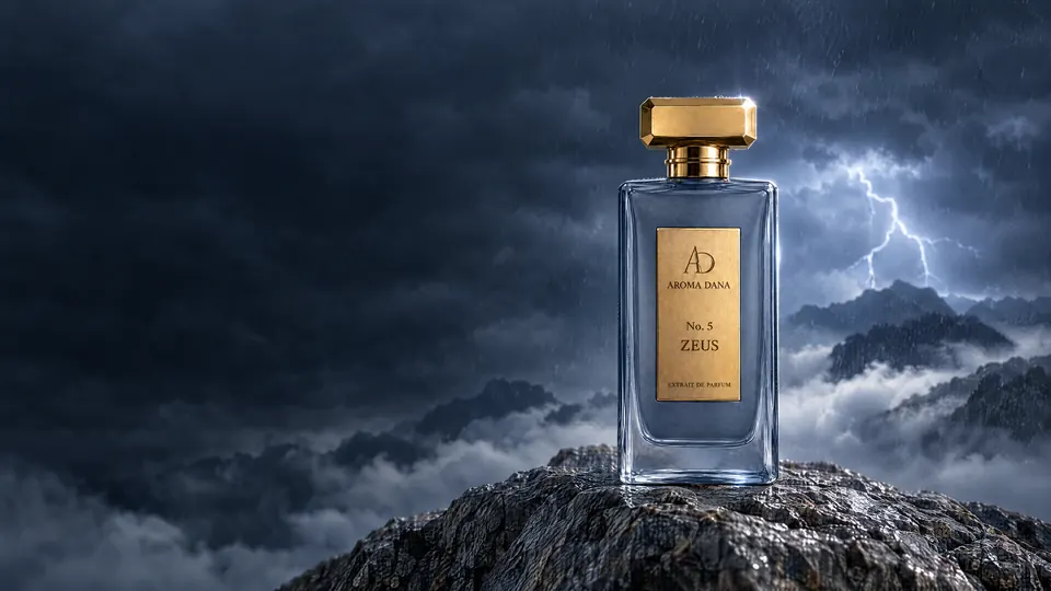 The No. 5 Zeus 50 mL bottle: slate blue glass, gold cap and gold label, on a rocky peak under dark storm clouds, with lightning in the distance.